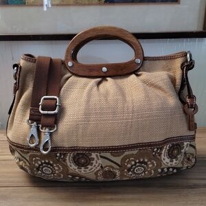 Fossil Vintage Twill Floral paisley Wooden Handle Tote Crossbody Bag